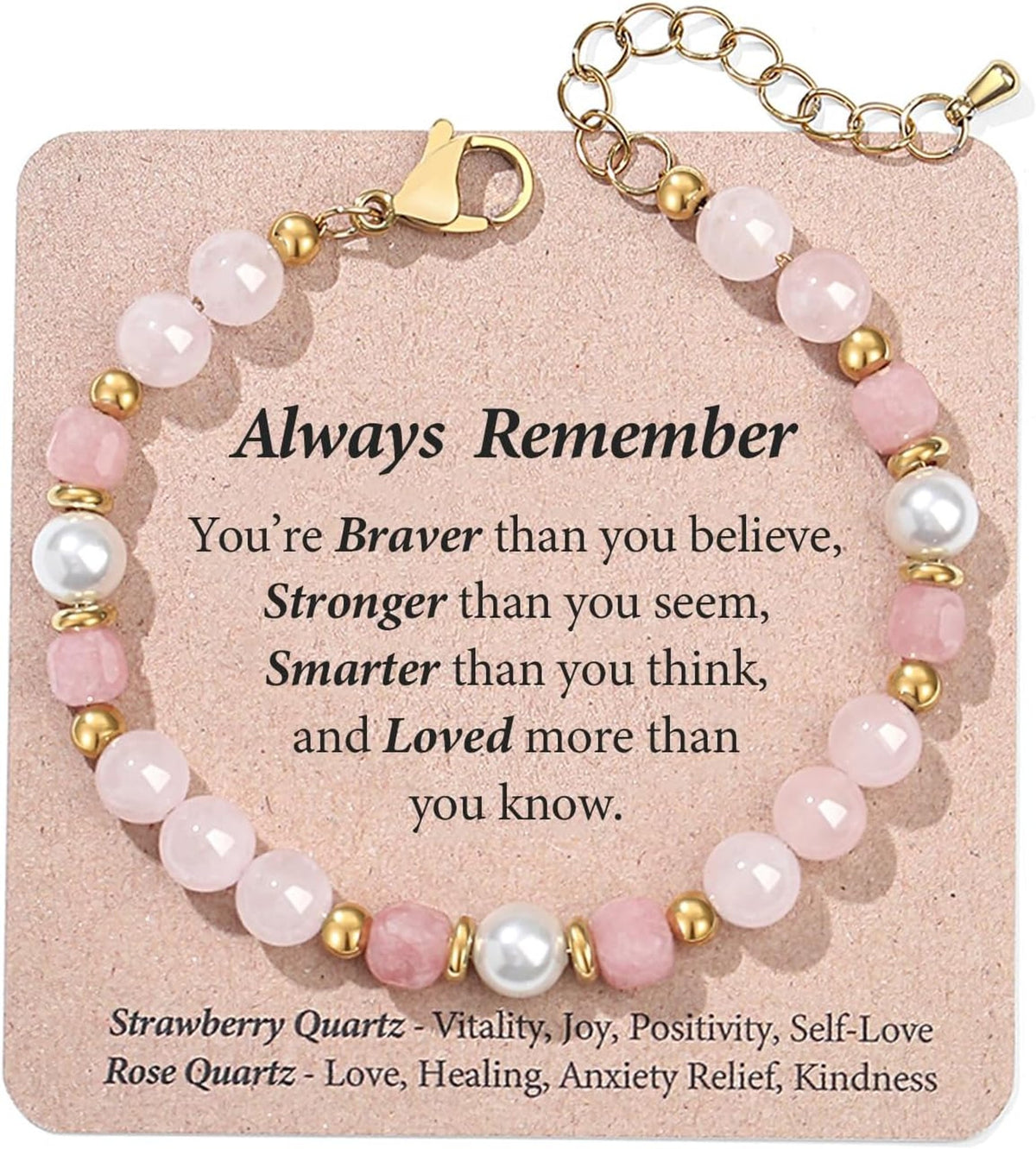 Always Love rose quartz and pearl bracelet on white background