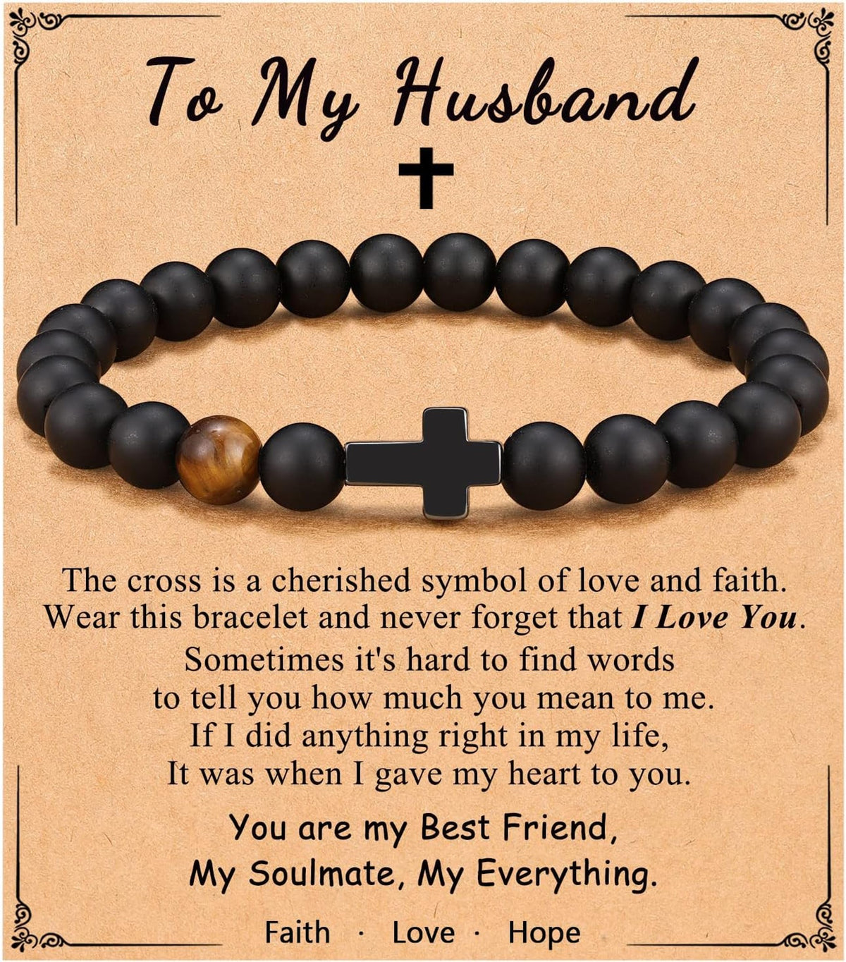 Cross faith mens bracelet with black agate and tiger eye