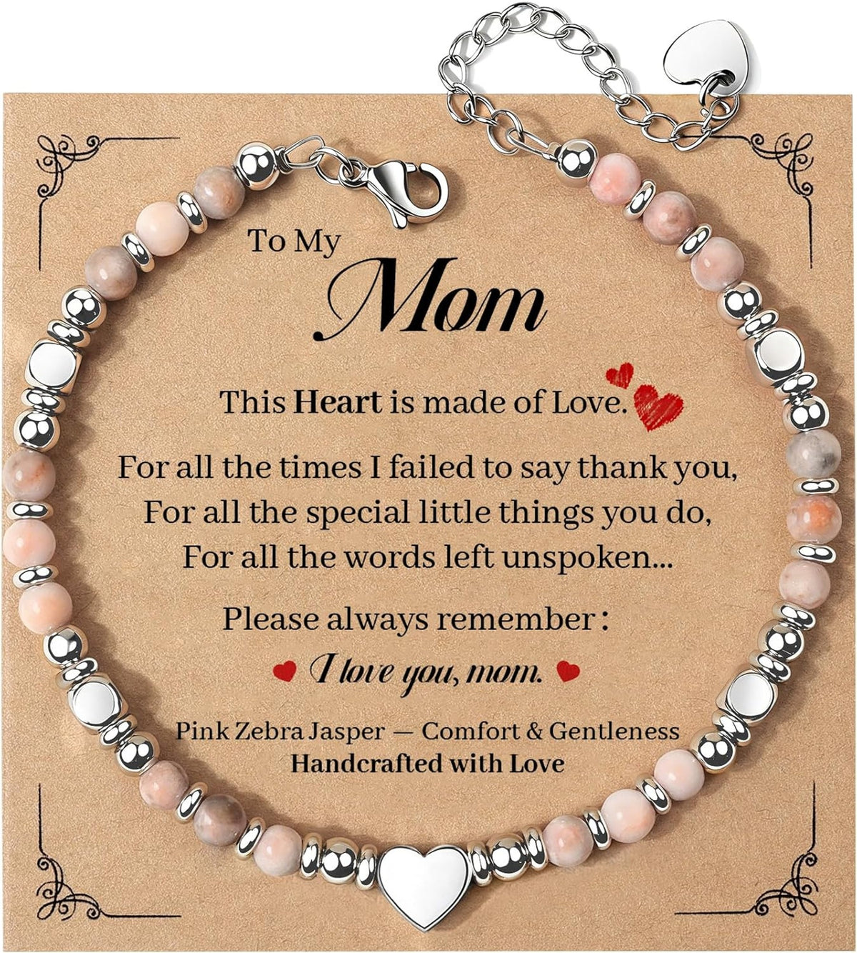 To My Mom pink zebra stone bracelet with heart charm