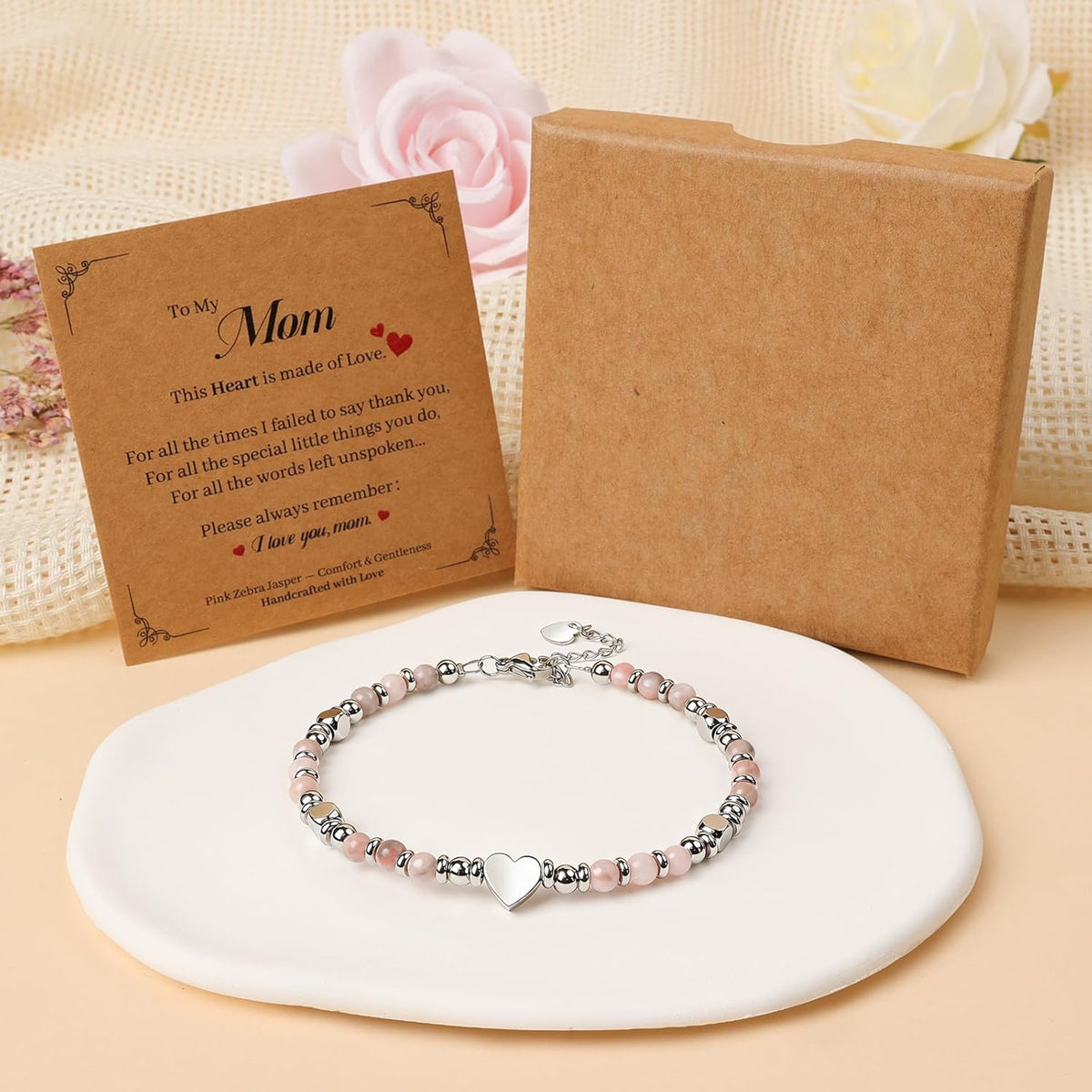 Pink zebra stone mom bracelet gift card packaging