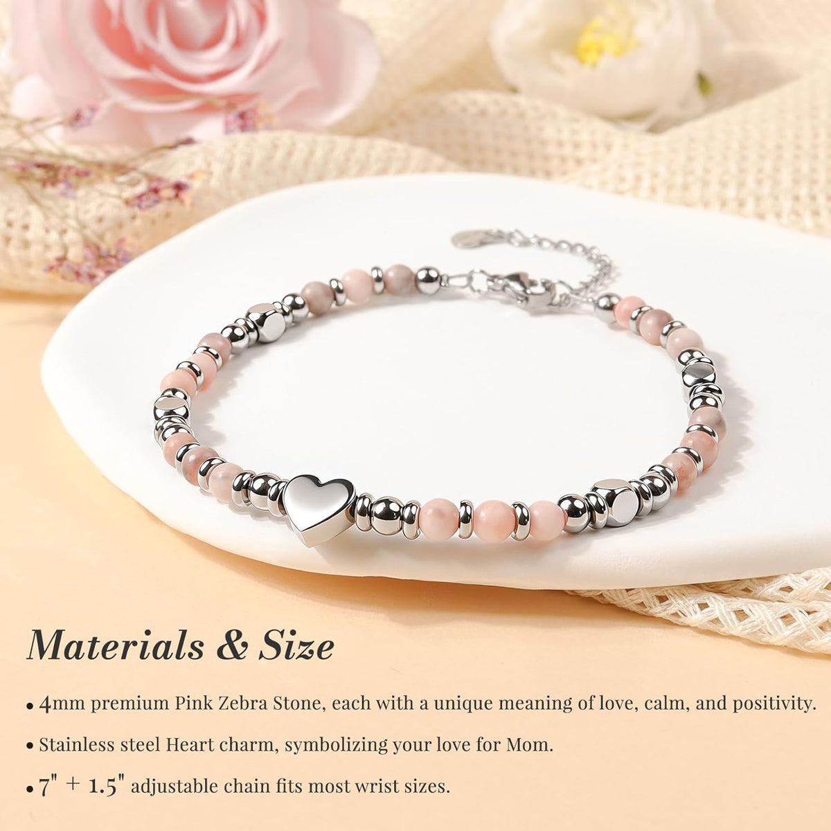 Mothers day bracelet pink natural stone beads close-up
