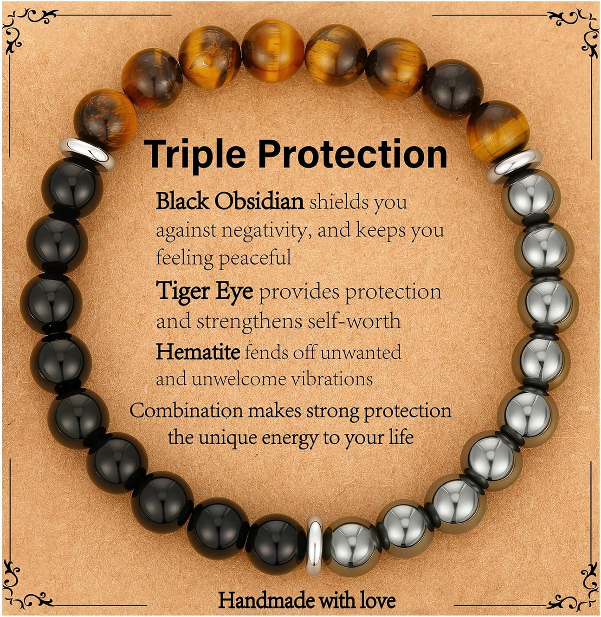 Triple protection mens bracelet obsidian tiger eye hematite